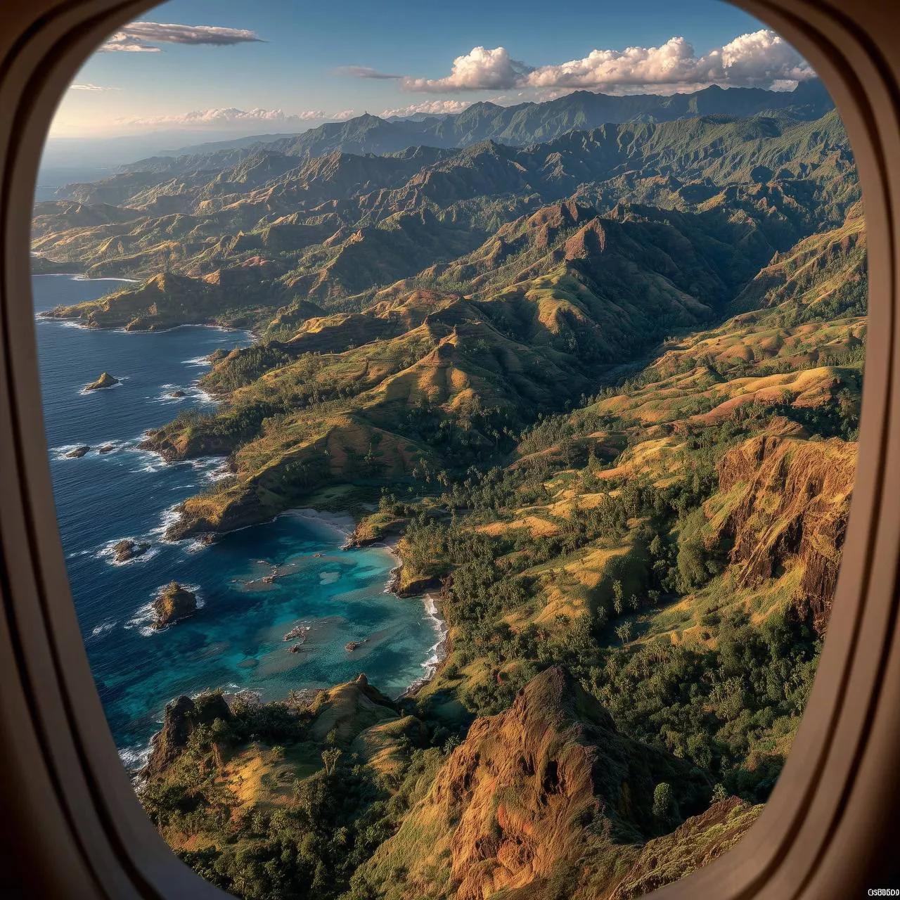 Aerial view of a coastline from an airplane window